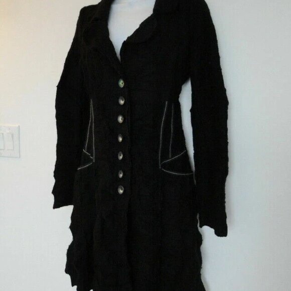 ANTONELLO Black Boiled Wool Button Front A Line Long Coat Jacket Small S Italy - Picture 2 of 9